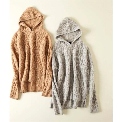 100%cashmere twisted knit women hooded pullover sweater irregular length loose wide H-straight solid color XS/S/M/L
