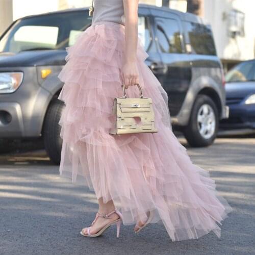 Unique 2018 Pink Tulle Skirts For Pretty Women Chic Special Tiered Ruffles Tutu Skirt High Low Female Adult Maxi Skirt