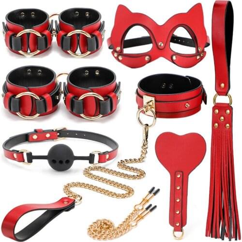 High-quality leather Sex Toys for Woman Adult Games Handcuffs Whip Mouth Gag Rope Metal Butt Plug bdsm Bondage Set Bead