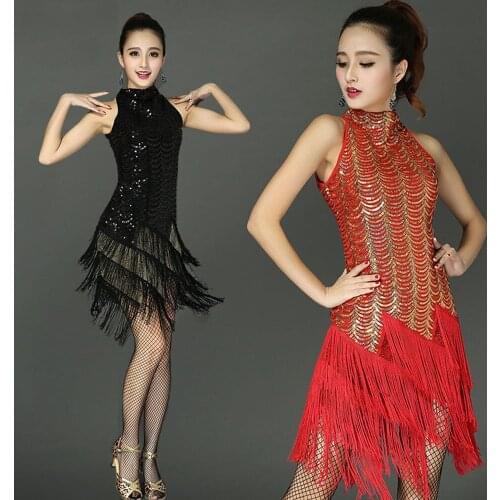 Sequins Tassel latin dance skirt women Lady Rumba Samba Tango irregular fringe Dress Dancing Practice Performamnce Show Costume