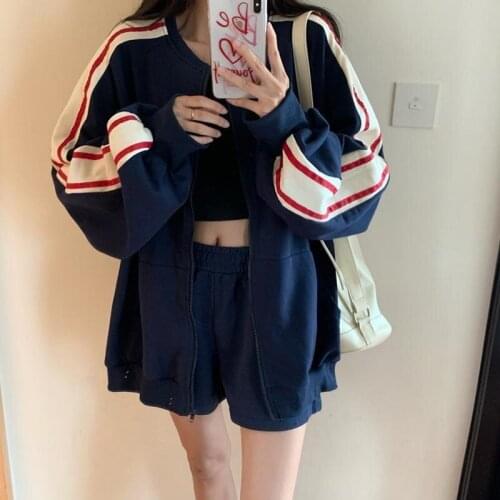 Women Hoodie Harajuku Shorts suit Loose Oversized Sweatshirts stripe Long-sleeved Hooded Sweatshirt Student Girl Top vintage