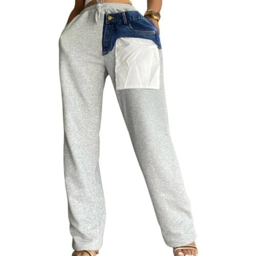 Womens Wide Leg Pants, Drawstring High Waist Denim Patchwork Loose Fit Long Pants