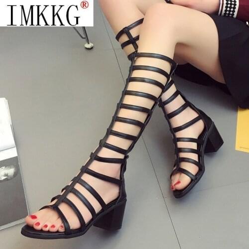 Spring Summer 2021 Women Boots Hollow-Out Knee High Leather Strap Square Heel Gladiator Sandalias Western Boots Mujer