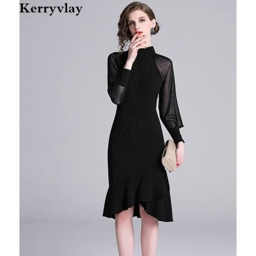 Korea Fashionable Long Sleeve Fishtail Women Dress Ropa Mujer Verano 2021 Spring Black Midi Party Dress Robe Femme K5255