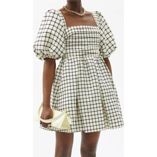 Vintage Puff Sleeve Plaid Dresses for Women 2021 Summer Runway Casual Elegant Backless Mini Dress Robe Femme