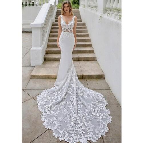 Subtle Mermaid 3D Flowers Wedding Dresses V-neck Sleeveless Chapel Train Wedding Gowns