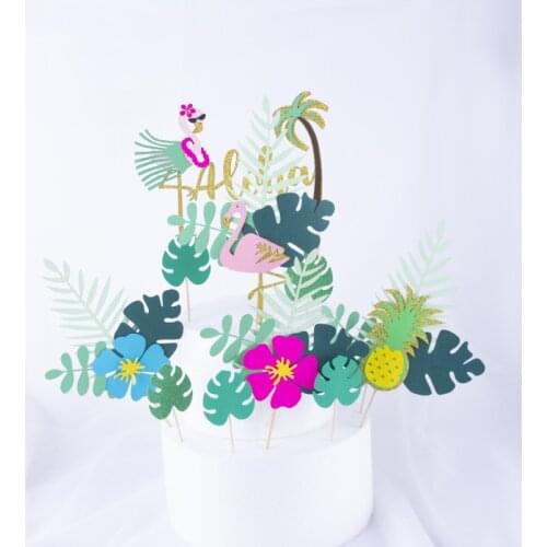 12pcs Jungle Tropical Theme Green Palm Monstera Leaf Pineapple Cake Topper Cupcake Decor Birthday Party Decorations Baby Shower