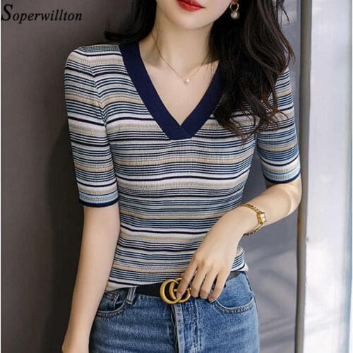 2021 Women Blouse Sexy V-neck Short Sleeve Knitted Tops Female Lady Slim Fit Striped Blusas Camiseta Fashion Elegant Elastic