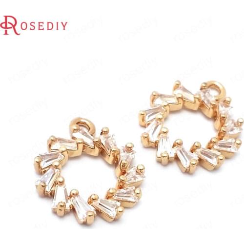 39093)6PCS 13x15.5MM 24k Champagne Color Brass and Zircon Round Circle Charms Pendants Jewelry Making Supplies Diy Accessories