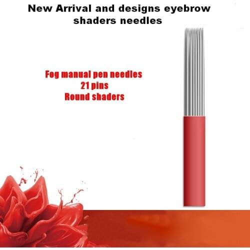 50 Pieces/Pack 21 Pins Permanent Makeup Round Shader Eyebrow Blades Red Microblading Tattoo Needles