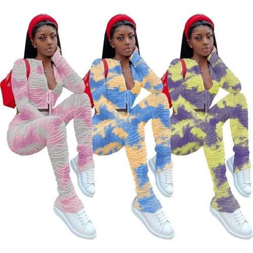 67W8329 Autumn Winter Women Casual Fashion Tie-dyed Pleated Bandage Two Piece Set Top and Pants Tracksuit Sweatsuit Outfits