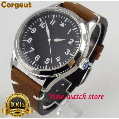 Corgeut 42mm Automatic Mens Watch Genuine Miyota 8215Sapphire Glass Black Dial Leather Strap Polished Case Green Luminous