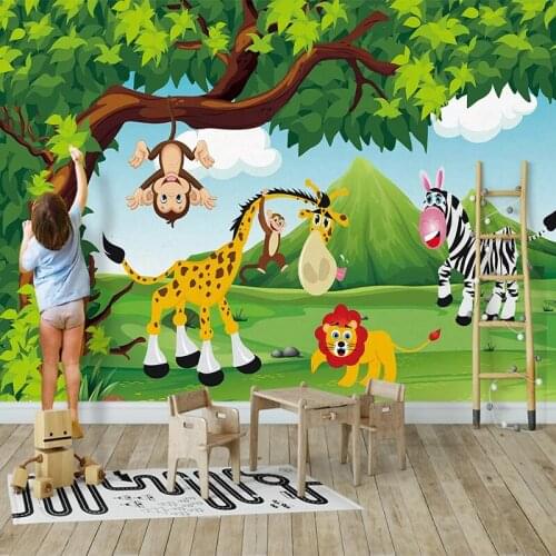 Dropship Custom Mural Walpaper for Kids Room 3D Cartoon Forest Wallpaper Animal Lion Giraffe Baby Wallpaper Kids Photo Wallpaper
