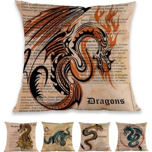 European Middle Ages Style Fiery Dragon Retro Yellow Book Illustration Background Pillow Case Home Sofa Decoration Cushion Cover