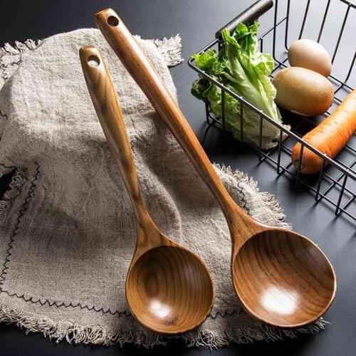 Natural Wood Long Handle Round Spoons Large Wooden Spoon For Soup Cooking Mixing Stirring Spoon Kitchen Accessories Utensils