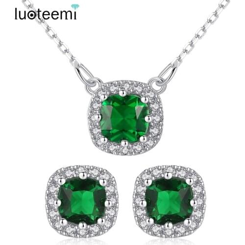 LUOTEEMI Women Classic Squar Cut 4-Colors White Gold-Color Necklace Earrings Sets Women Fine Daily Life Jewelry Wholesale