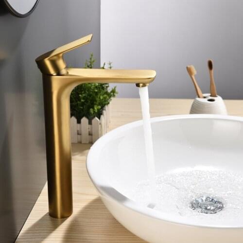 Fashion Brushed gold bathroom sink faucet Tall Solid brass basin mixer faucet high quality cold and hot water bath faucet