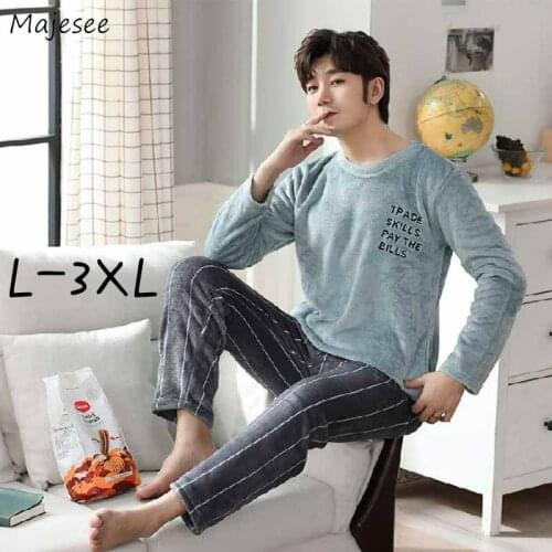 Men Pajama Sets Large Size L-3XL Flannel O-neck Plus Velvet Winter Thick Thermal Comfortable Breathable Male Sleepwear Suits