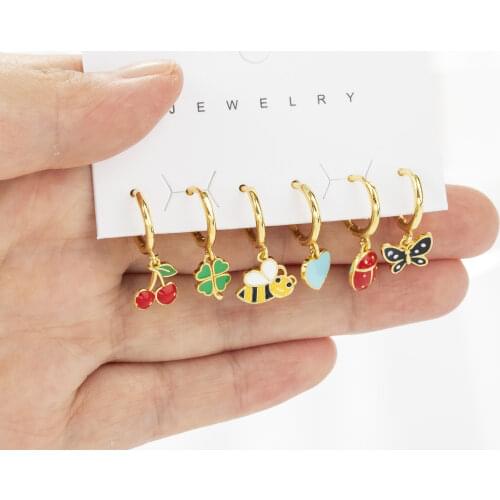 SIPENGJEL Fashion Cute Fruit Charms Hoop Earrings Set Vintage Enamel Virgin Animal Drop Earrings For Women Jewelry Gift