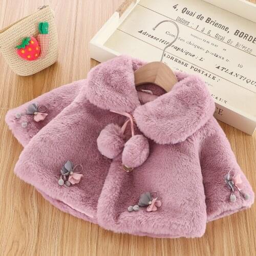 Newly Baby Girls Cloak Wool Print Long Sleeve Fur Collars Warm Balls Princess Outwear 4 Colors