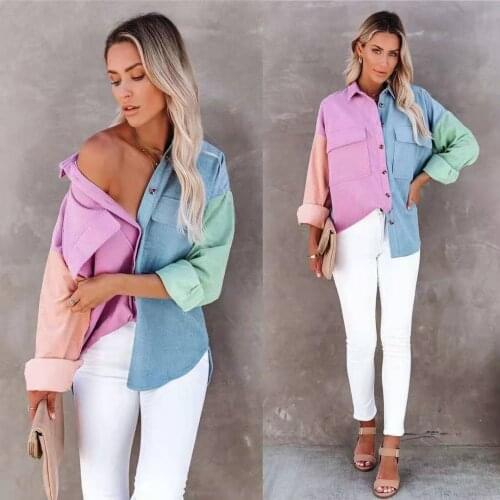 2021 Europe And The United States Spring And Summer New Quick-Selling Fashion Stitching Pocket Multi-Color Printed Shirt Girl