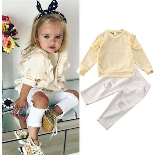 AU Toddler Kid Baby Girl Clothes Ruffle Top T-shirt Ripped Pants Spring Outfit
