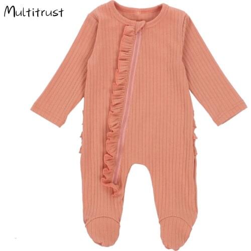 Newborn Baby Girl Clothes Autumn Infant Boy Girl Ribbed Knitted Long Sleeve Ruffles Jumpsuit Pajamas Infant Homewear Outfits