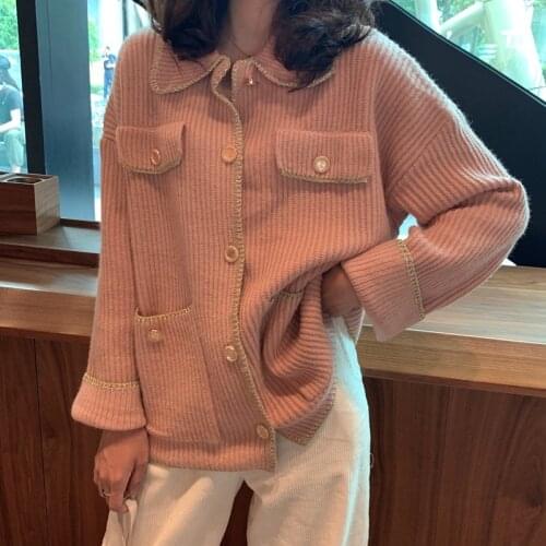 Women Autumn Winter Vintage Sweater Jacket 2021 New Peter Pan Collar Single Breasted Knitted Coat Loose Cardigan