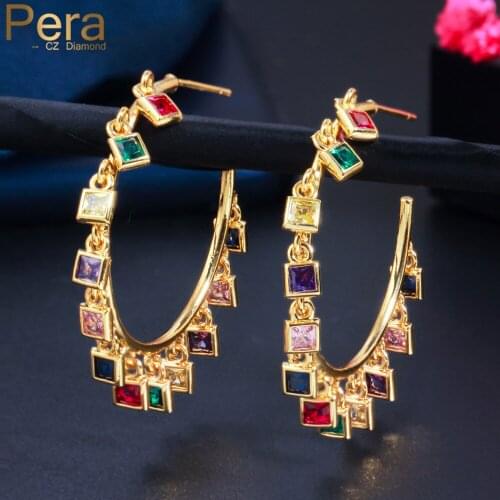 Pera 585 Gold Rainbow Cubic Zirconia Large Half Circle Tassel Square Shape Hoop Earrings for Women Classic Brand Jewelry E668