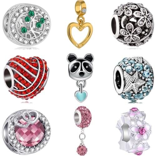 Fresh Style Crystal Lock Key Leaf Panda Ball Flowers Pendants Beads Fit Pandora Bracelets & Bangles for Women Night Club DIY