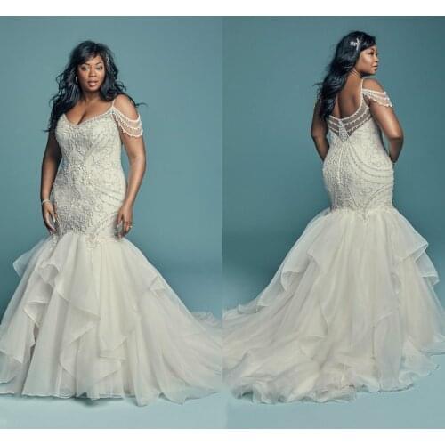 Stunning 2019 Mermaid Beaded Wedding Dresses Spaghetti Organza Crystal Bridal Gowns Plus Size V Neck Bridal Dress African Formal