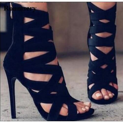 Hot Selling Women Fashion Open Toe Suede Leather Strap Cross High Heel Sandals Cut-out Bandage Thin Heel Sandals