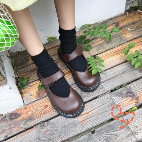 Retro leather shoes Mori female Mary Jane flat single shoes Velcro low-cut round toe college style womens shoes