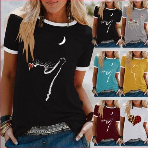 Women Clothes Casual Tunic Tops Summer Female Funny Cute Cat Print Short Sleeve Basic T-Shirt O-Neck Harajuku Street Tees Tshirt