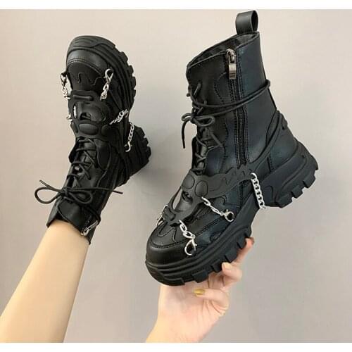 Women Shoes Platform Boots Punk Gothic for Women Boots Combat Ladies Black Metal Button Woman Motorcycle Ankle Boots Autumn New