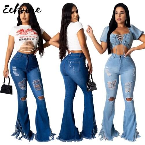 Women Denim High Waist Flare Tassel Jeans Boyfriend Ripped Calca Jeans Lady Skinny Bell Bottom Wide Leg Jeans Pants Plus Size 2X