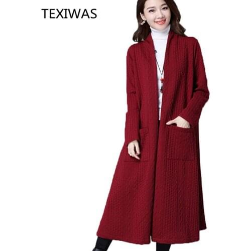 TEXIWAS Harajuku Long Cardigan Sweater women Spring vogue knit Sweater Coat Casual Black red Winter warm kimono Outwear Tops