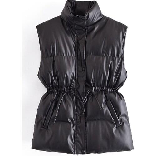 Women Autumn Casual PU Vests Coats 2021 ZA Sleeveless Drawstring Down Cotton Black Female Fashion Street Waistcoat Outerwear