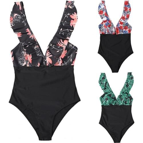 Women Sexy Push Up One Piece Quick-drying Ruffle Floral Print Bathing Suit Swimsuit for Swimming Pool Beach Wear Suit