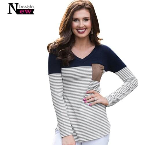 Women Long Sleeve Top Fashion O-Neck Striped T Shirt Women Suede Pocket Patchwork Slim Fit Tshirt Women Plus Size Female Top Tee