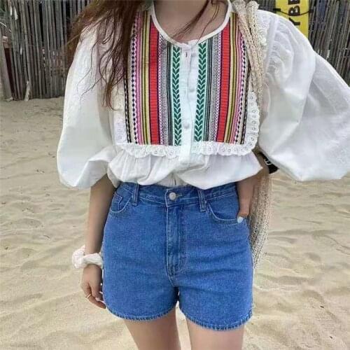 White autumn crop top women O Neck Buttons Down holiday Casual tank top Puff Sleeves Loose Fit cropped