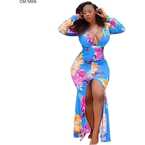 2019 women autumn deep v-neck high split floral print long sleeve maxi bodycon midi dress vintage long vestidos dresses GLNK026