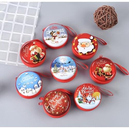 1PC Christmas Style Earphone/Candy Holder Bag with Zipper Santa Storage Box Round Metal Coin Purse/Wallet Party/Wedding Gifts