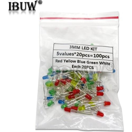100PCS 3mm LED diode Light Assorted Kit 5Colors*20PCS F3 White Yellow Red Green Blue component DIY kit