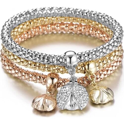 3Pcs/Set Ladybug Zircon Charm Bracelet Elastic Corn Fashion Crystal Bracelet Bangles Women Jewelry DIY Fine Party Gift