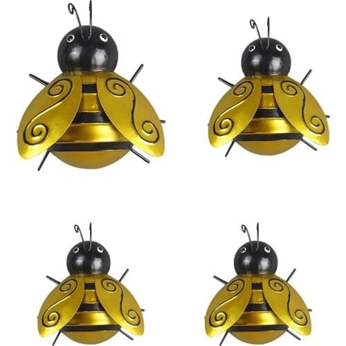 4Pcs Happy Bee Day Garden Decoration Insect Statue Countryside Style Metal Bee Outdoor Wall Sculptures Fence Ornament