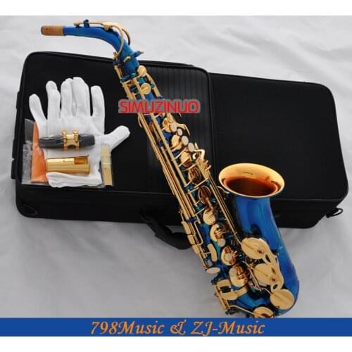 Blue Lacquer Gold and Gold Bell Eb Alto Saxophone High F# Key-Pearl Bottons
