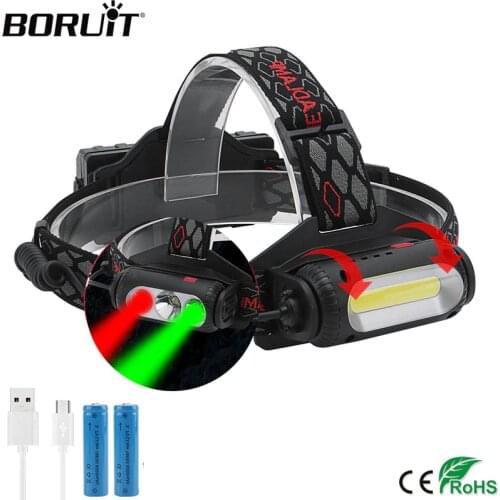 BORUIT COB T6 LED Headlamp XPE Green Red Light Headlight 8- Mode USB Charger 18650 Head Torch Camping Hunting Frontal Lantern