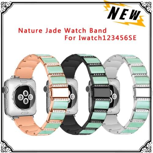 Natural Jade Stainless Steel Watchband for apple watch SE/6/5/4/3/2/1 Fashion Bling Jewelry Bracelet Apple watch 5 band 44mm