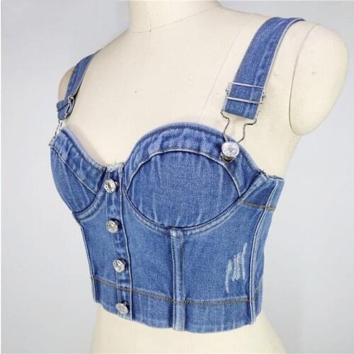 Cupnaya Women Stonewashing Distress Denim Crop Top Removable Strap Ladies Slim Fit Bustier Short Cami Summer Sexy Underwear Tank